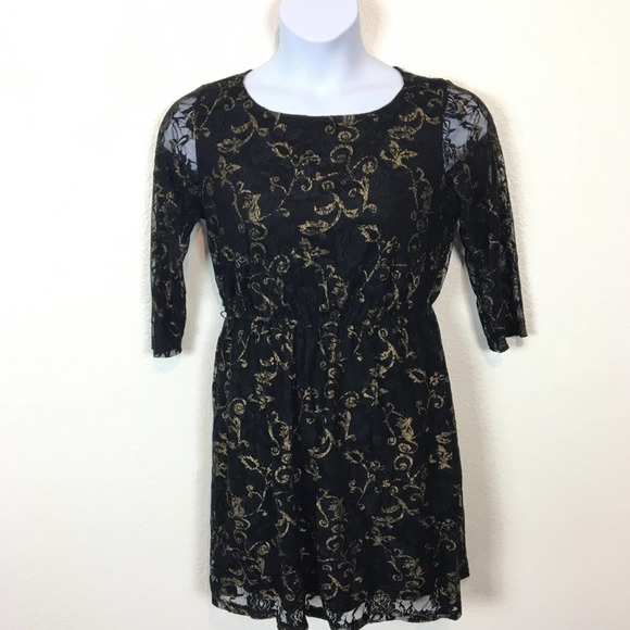 Funky 90s y2k Goth Wanna Be Black Lace Dress with Gold - Picture 1 of 7